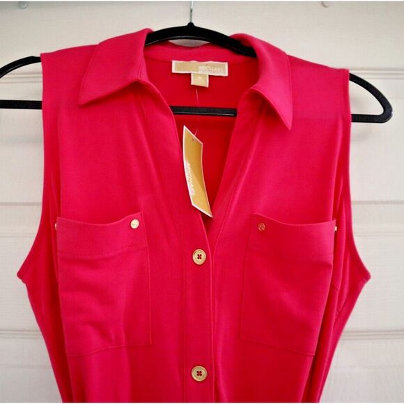 Michael Kors Women's Sz M Electric Pink Sleeveless Button Down Shirt Dress - Picture 3 of 8